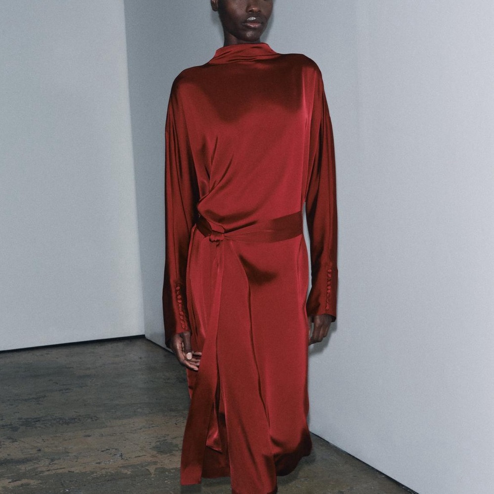 Zara ZW Collection Wine Red Satin Midi Dress | Long Sleeve | Size small NWT